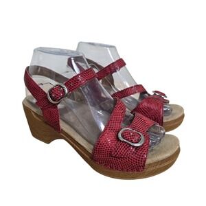 Dansko Red Snake Embossed Leather Wedge Sandals Women Size 38 US 8